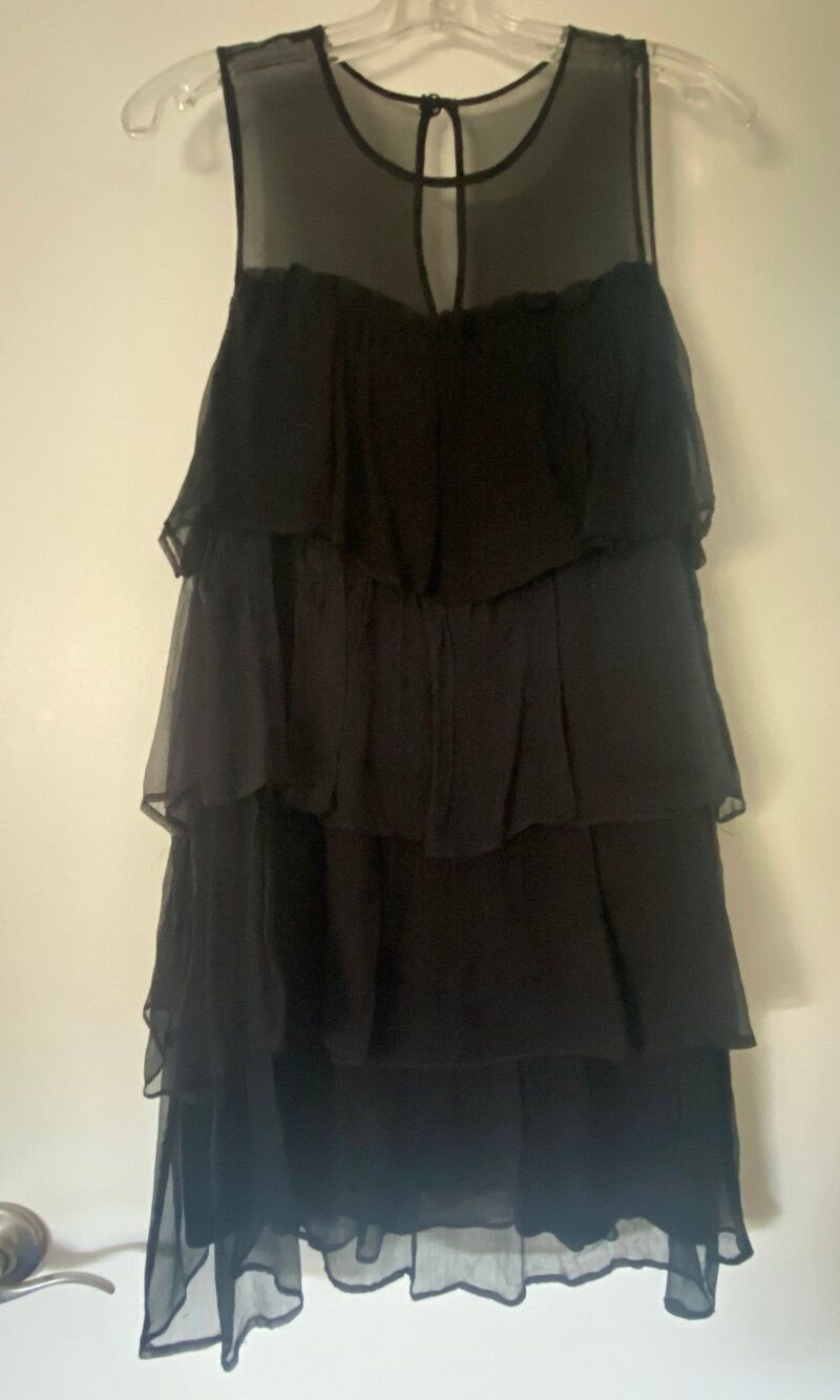 Silk Tier Ruffle Shift Dress M Illusion Sweetheart Cocktail Short Above Knee LBD - Picture 3 of 8